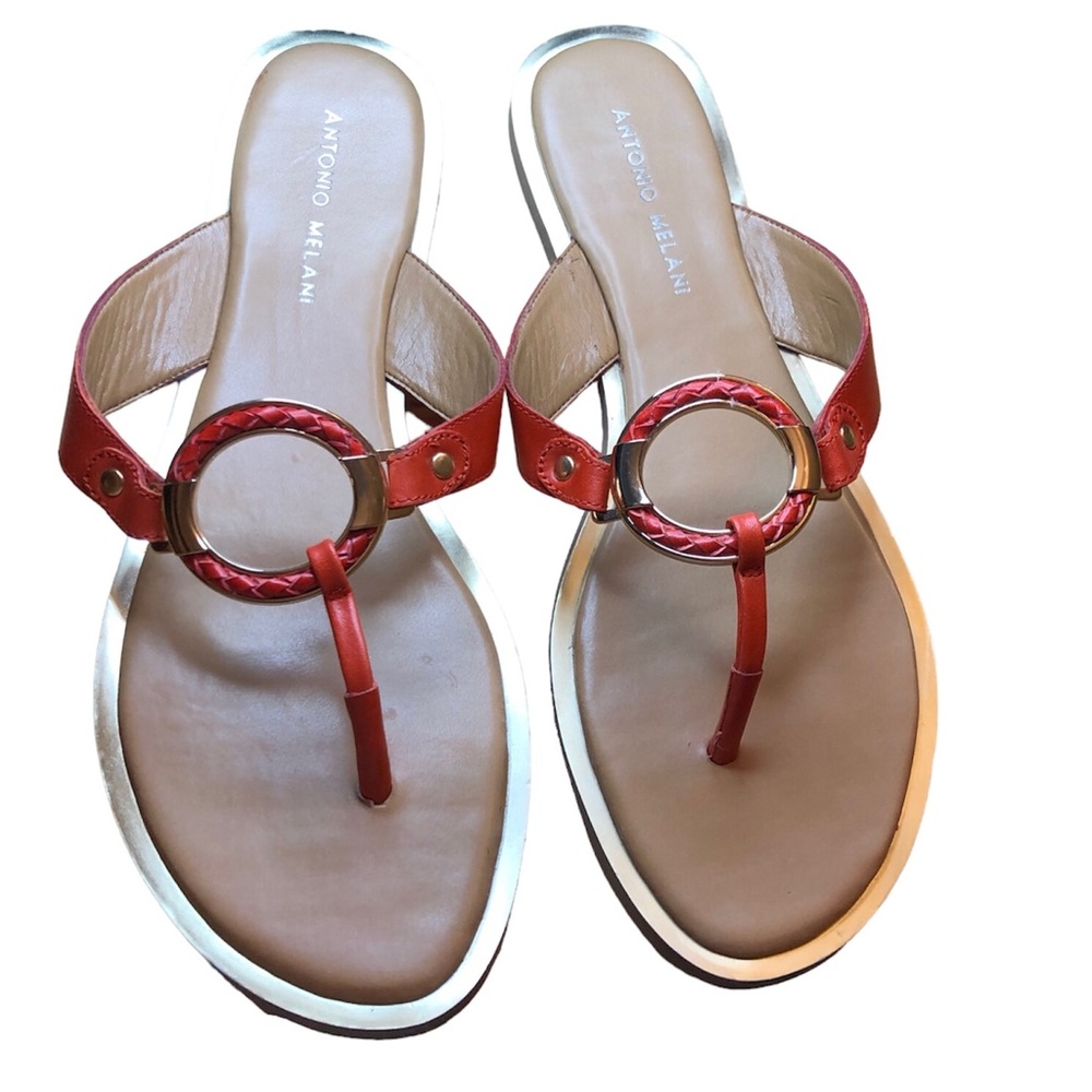 Antonio Melani 10M Leather Orange Gold Thong Braided Ring Sandals Rubber Sole